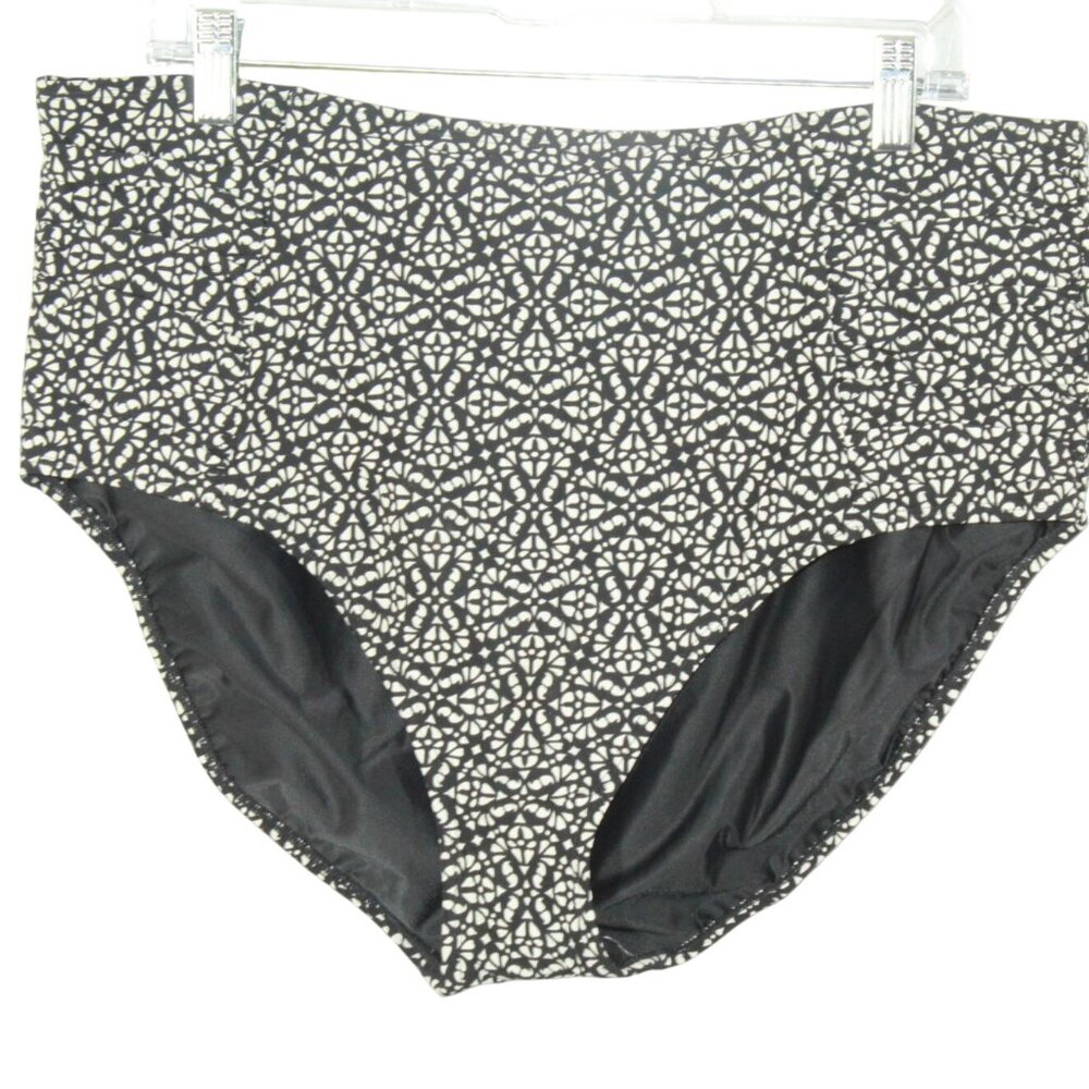 NWOT LL Bean Black White Slimming High-Waist Swim Bottoms Size 18W UPF 40+ Retro